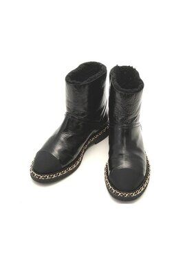 Chanel Short Boots 36C Black Patent Shearling
